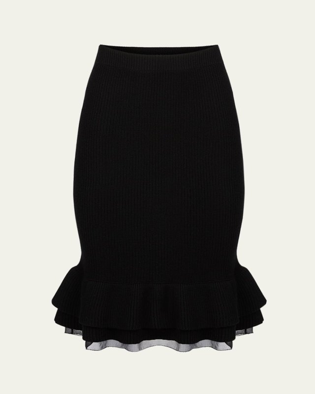 Layered Ruffle Knit Pencil Midi Skirt